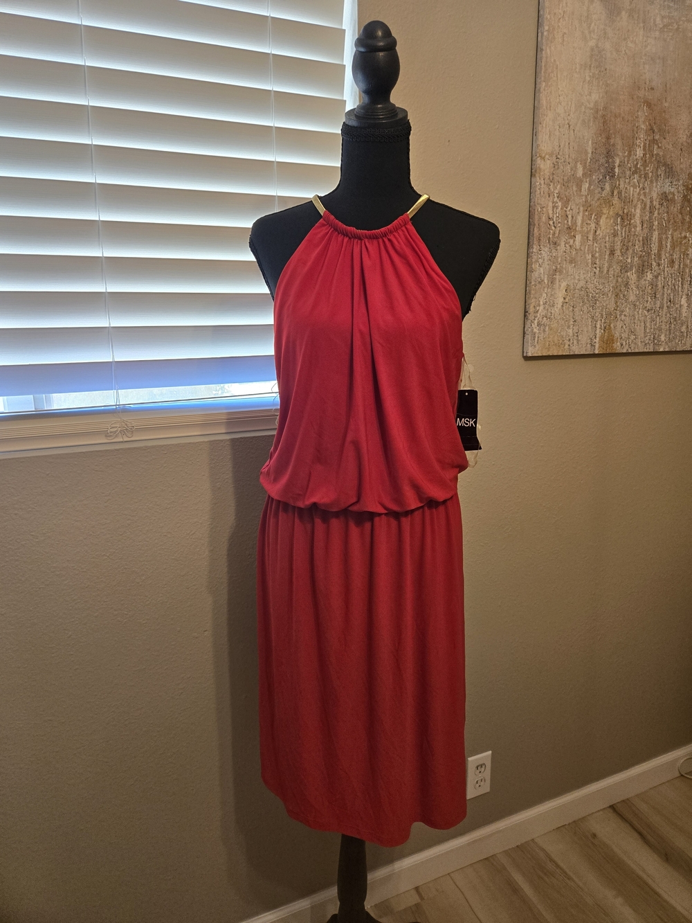 Red Halter Blouson Dress with Gold Trim - MSK
